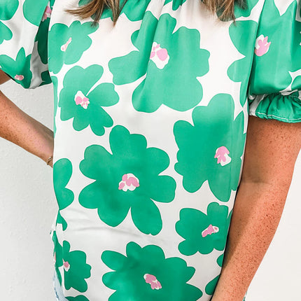 Green Floral Puff Sleeve Frill Neckline Blouse