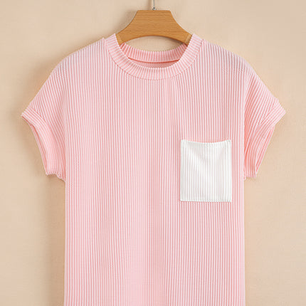 Pink Corded Knit Color Block Pocketed Crew Neck T Shirt