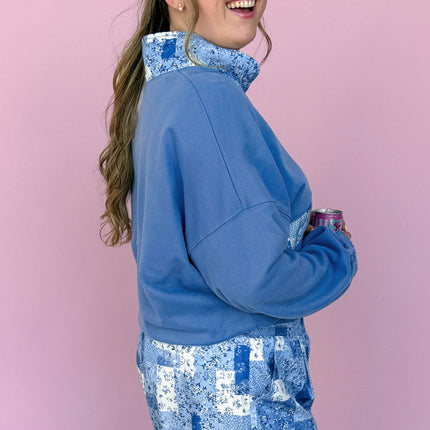 Blue Floral Patchwork V-Neck Long Sleeve Short Bottoms Plus Size Set