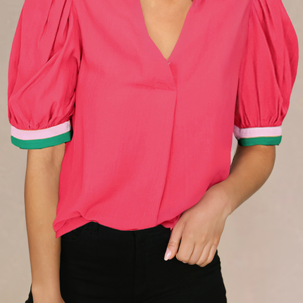 Carrot Colorful Trim V Neck Short Sleeve Blouse