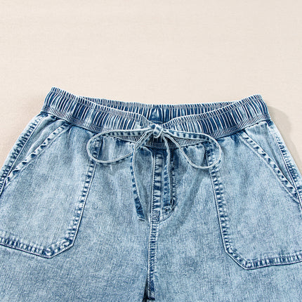 Myosotis Mineral Wash Drawstring Elastic Waistband Loose Straight Denim Pants