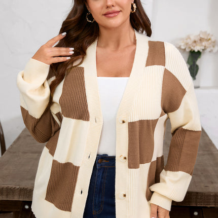 Khaki Checkered Ribbed Texture Knit Plus Size Cardigan Sweater