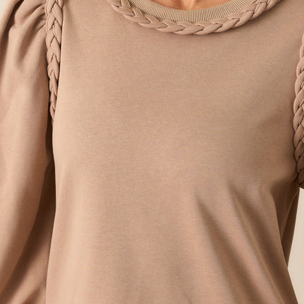 Light French Beige Braided Trim Puff Sleeve Dress