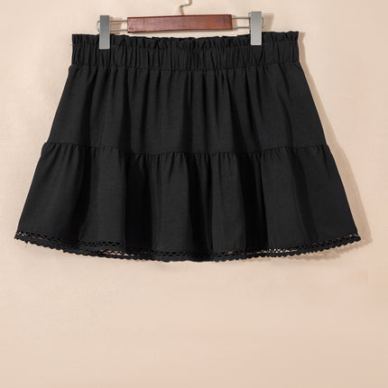 Black Plus Size Frilled Elastic Waist Lace Trim Boho Ruffled Shorts