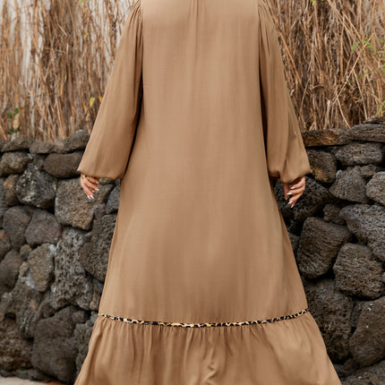 Chestnut Smocked V Neckline Leopard Piping Accent Bracelet Plus Size Long Dress