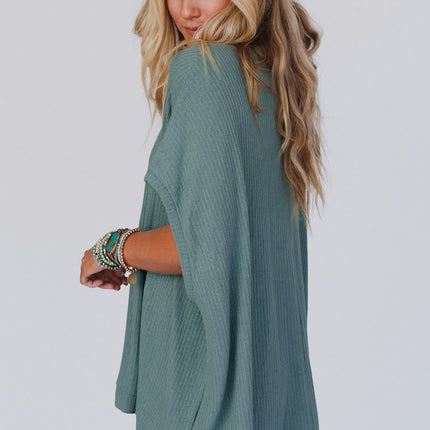 Moonlight Jade Oversized Ribbed Knit V Neck Dolman Short Sleeve Top