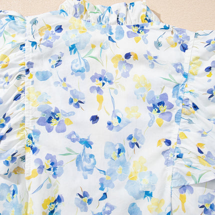 Sky Blue Floral Print Frilled Notched V Neck Blouse
