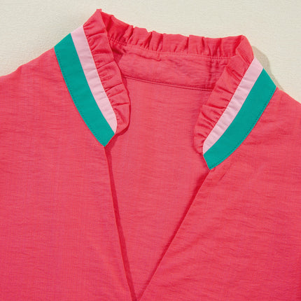 Carrot Colorful Trim V Neck Short Sleeve Blouse
