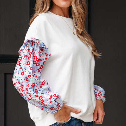White Floral Ruffled Balloon Sleeve Patchwork Loose Blouse
