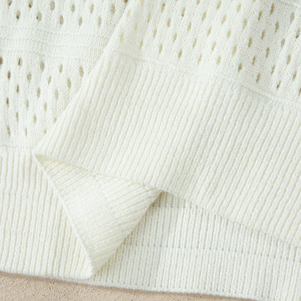 White Plus Size Eyelet Hollow Out Knit Ribbed Trim Short Sleeve Dolman Sweater