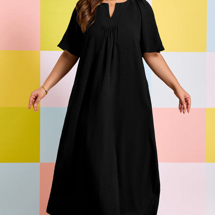 Black Plus Size Solid Color Notched Neck Short Sleeve Loose Dress