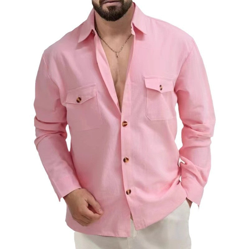 Casual Loose V-neck Solid Color Top Button Chest Pocket Shirt