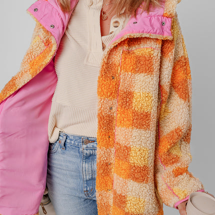 Orange Checkered Sherpa Hooded Jacket