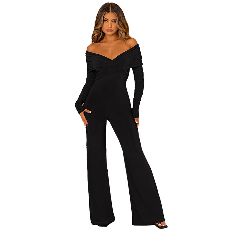 Women's Sexy Fashion Solid Color And V-neck Chest Cross Long Sleeves Jumpsuit