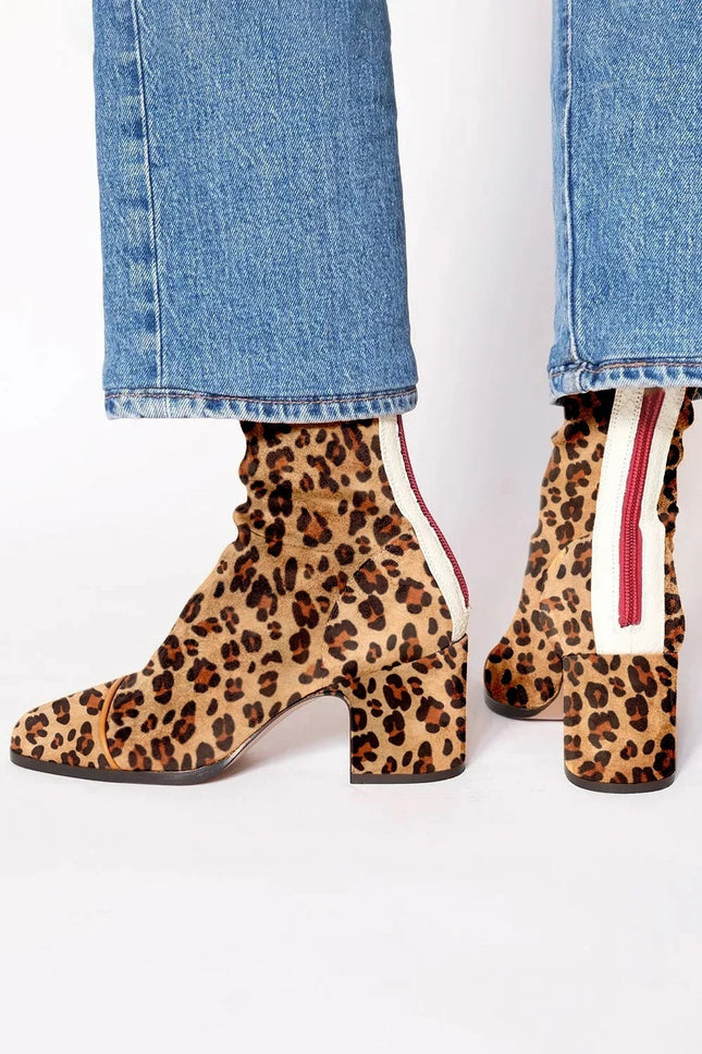 High Heel Square Toe Large Size Suede Color Matching Low-cut Martin Boots
