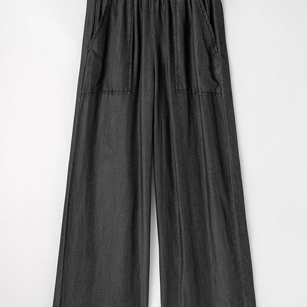 Black Side Pockets Frilled Smocked High Waist Wide Leg Jeans