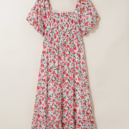 Pink Plus Size Floral Square Neck Puff Sleeve Ruffle Maxi Dress