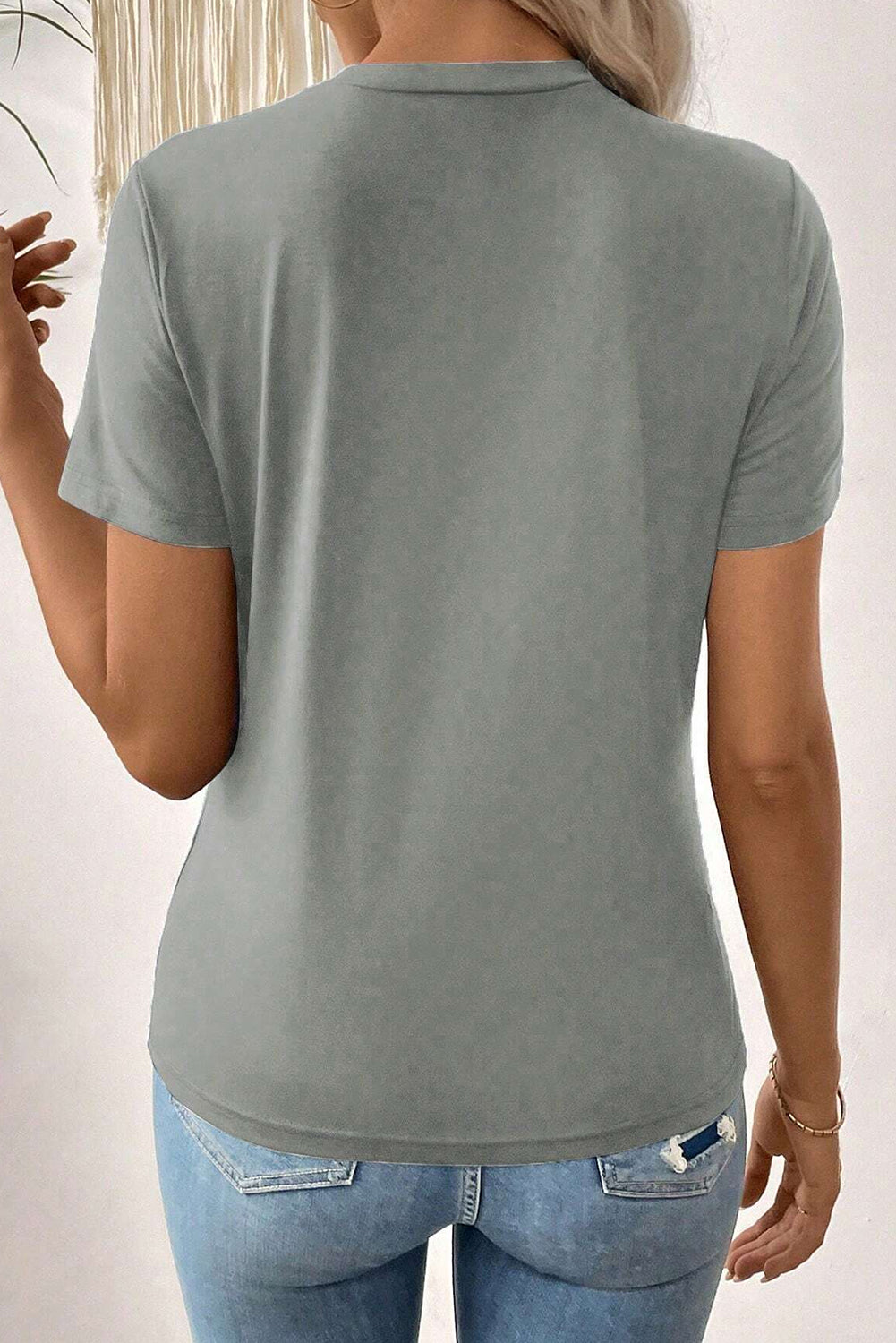 Medium Grey Solid Color Toothpick Stripe Round Neck T Shirt