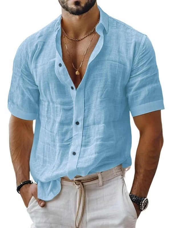 Men's Summer Men's Lapel Shirt Solid Color Short Sleeve Cotton Linen Shirt
