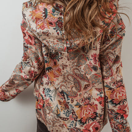 Beige Vintage Paisley Floral Printed Sherpa Lined Hooded Jacket