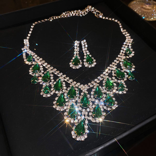 Leaf Zircon Waterdrop Earring And Necklace Set