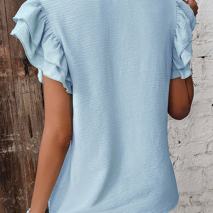 Mist Blue Solid Color Ruffled Short Sleeve Casual Blouse