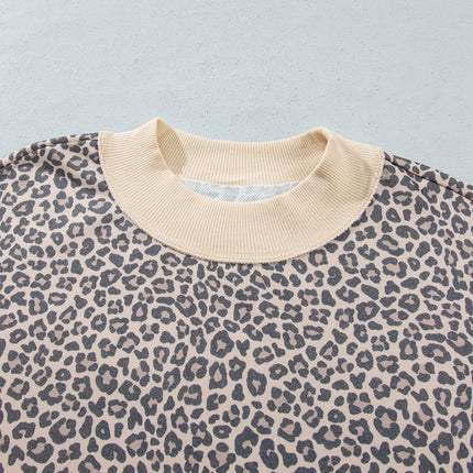 Multicolour Plus Size Leopard Print Ribbed Color Block Mock Neck Tunic Sweatshirt