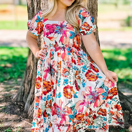 White Floral Square Neck Puff Sleeve Flowy Plus Size Midi Dress