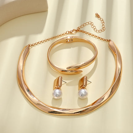 Women's Statement Necklace Geometric Wave Design Pearl Earrings And Bracelet