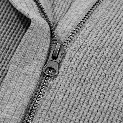 Gray Waffle Splicing Zip Up Front Button Hooded Jacket