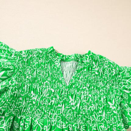 Green Floral Flutter Sleeve Shirred Notched Neck Plus Size Blouse