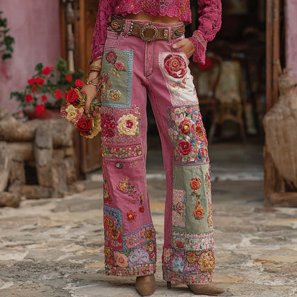 Womens Denim Jeans  Womens Trousers With Colorful 3D Floral Prints