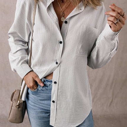 DEAR-LOVER Stripe Roll-tab Sleeve Pocketed Long Shirt