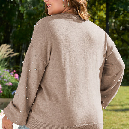 Smoke Gray Pearled Drop Shoulder Plus Size Sweater