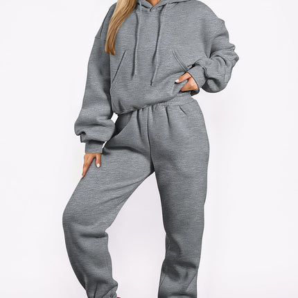 Gray Solid Drop Shoulder Hoodie and Joggers Activewear Set