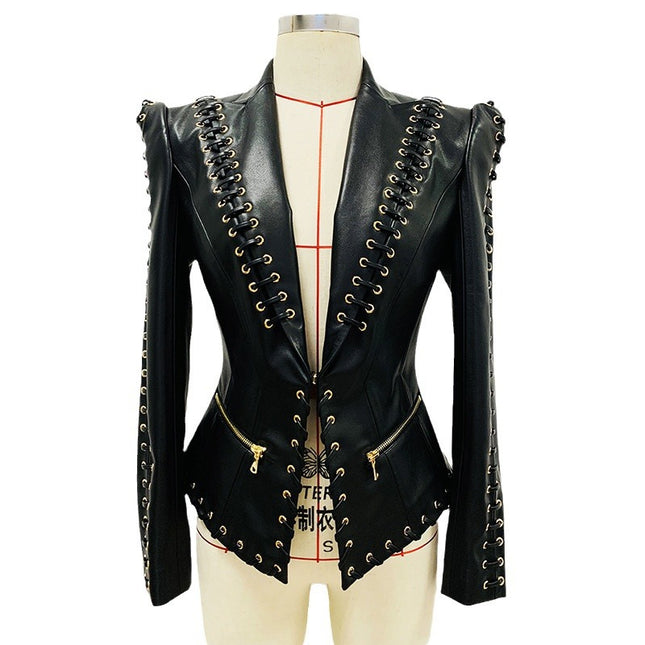 Fashion Heavy Industry Eyelet Rope Slim-fit Leather Coat Suit Jacket