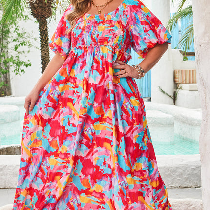 Rose Abstract Printed Puff Sleeve Square Neck Smocked Bust Tied Back Plus Size Dress