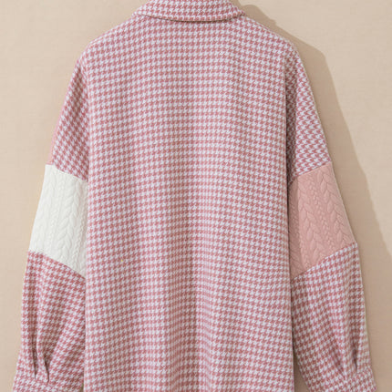 Pink Houndstooth Color Contrast Textured Patchwork Loose Shacket