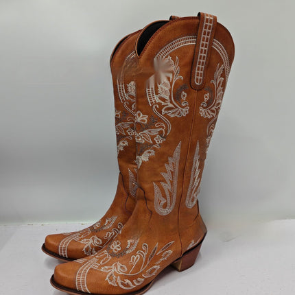 Embroidered Rhinestone Thick High Heel Side Zipper High-top Boots