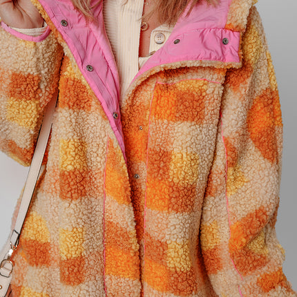 Orange Checkered Sherpa Hooded Jacket