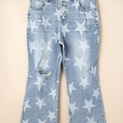 Sky Blue Star Printed Multi Buttons Slit Knee Destroyed Plus Size Jeans