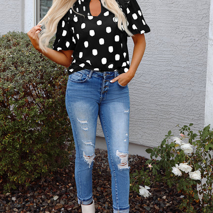 Black Polka Dot Print Shirred Yoke Notched Neck Balloon Sleeve Blouse