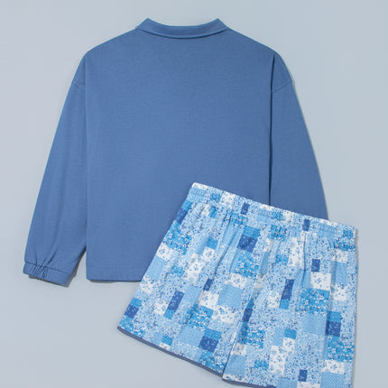 Blue Floral Patchwork V-Neck Long Sleeve Short Bottoms Plus Size Set