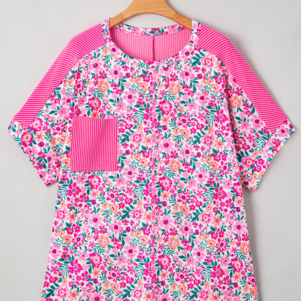 Pink Plus Size Floral Print Corded Patchwork Loose Top