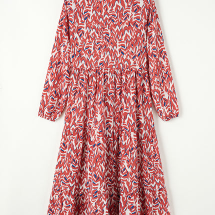 Orange Abstract Print V Neck Pleated High Waist Midi Dress