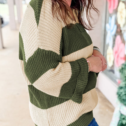 Green Stripe Colorblock Notched Neck Plus Size Sweater