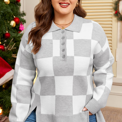 Gray Plus Size Checkered Pattern Button Polo Collar Split Sweater