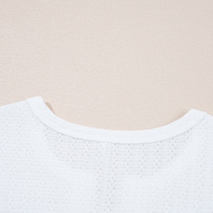 White Textured Hollow Grommet Placket Split Neck Short Sleeve Top