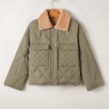 Jungle Green Teddy Collar Flap Pockets Quilted Puffer Jacket
