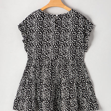 Black Leopard Print Ruffled Short Sleeve Keyhole Back Tiered Flowy Plus Size Blouse